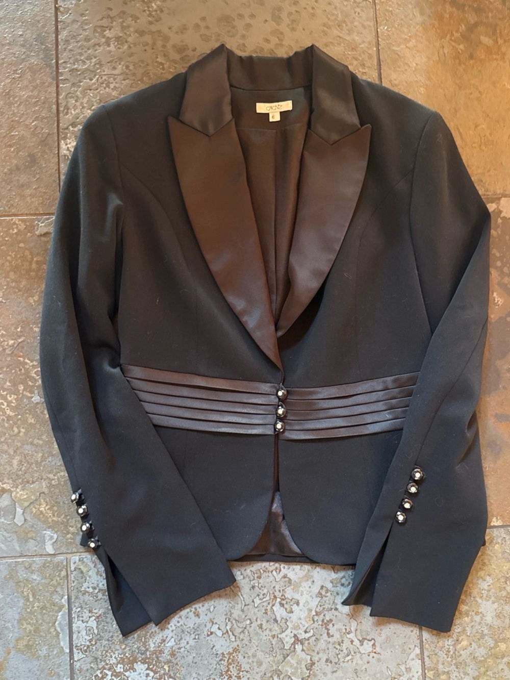 Cache vintage black tuxedo style jacket with rhinestone buttons size 6